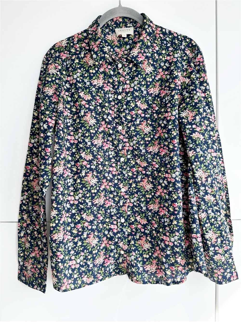 Sézane Pierro Shirt Blouse Navy Garden Floral Print Long Sleeve Cotton Size 38/6